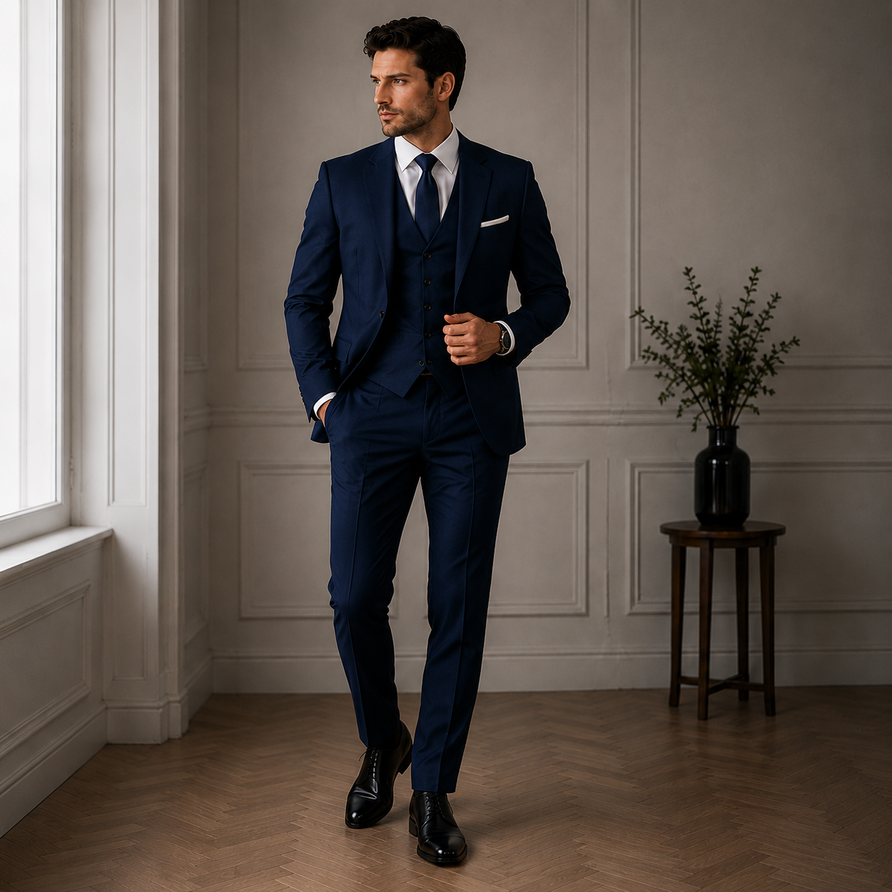 Navy Blue 3-Piece Suit Set for Men – Custom Tailored with Shirt and Tie
