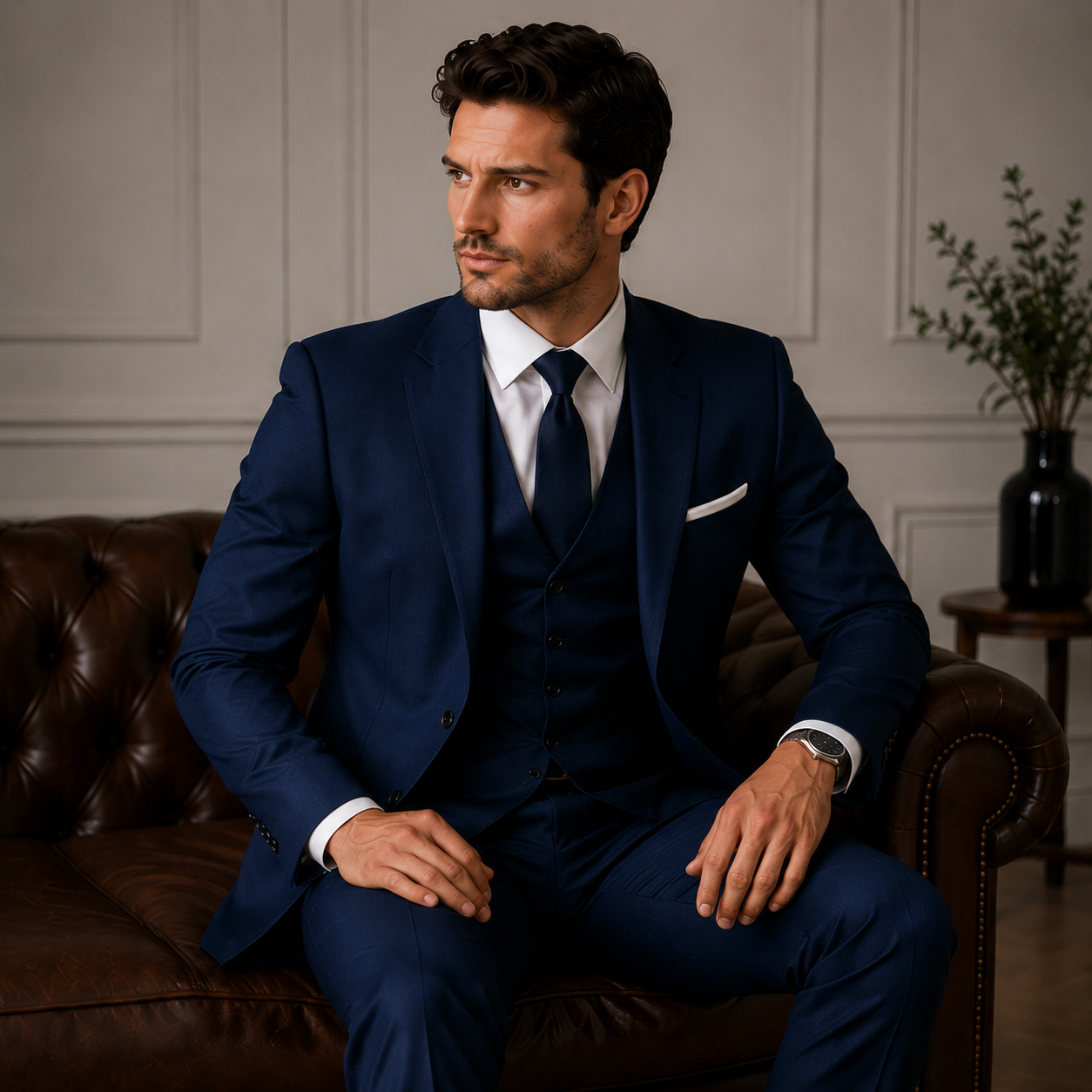 Navy Blue 3-Piece Suit Set for Men – Custom Tailored with Shirt and Tie