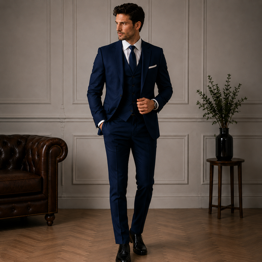 Navy Blue 3-Piece Suit Set for Men – Custom Tailored with Shirt and Tie