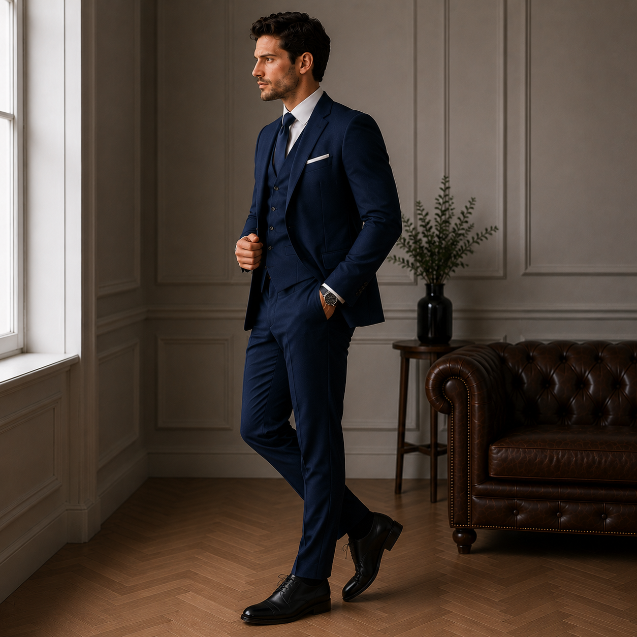 Navy Blue 3-Piece Suit Set for Men – Custom Tailored with Shirt and Tie