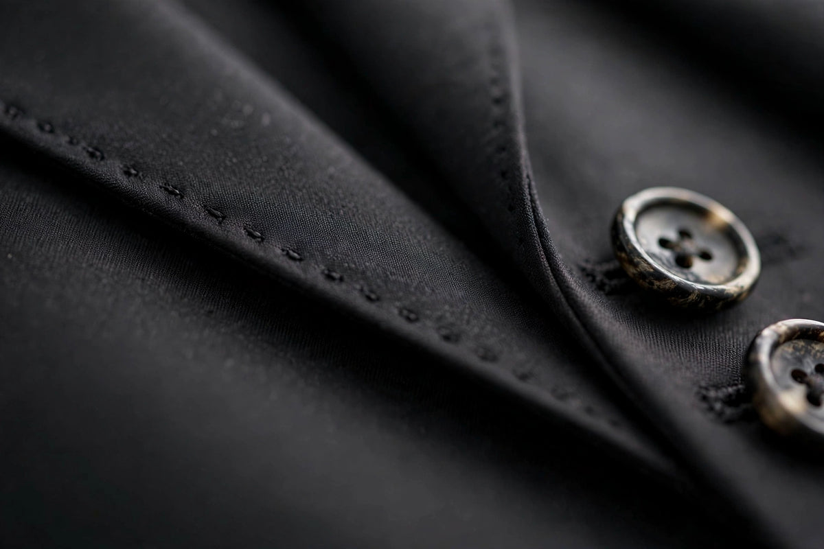 Black men's three-piece suit — suiting fabric detail