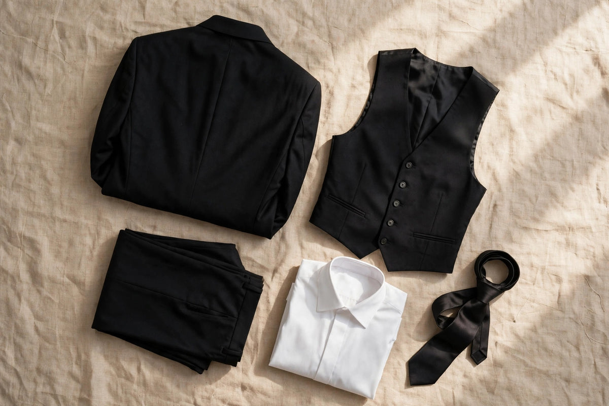 Black men's three-piece suit — full set flat lay