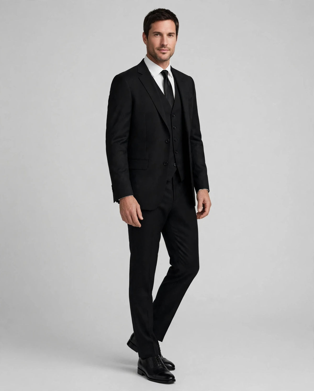 Black men's three-piece suit — alternate model pose