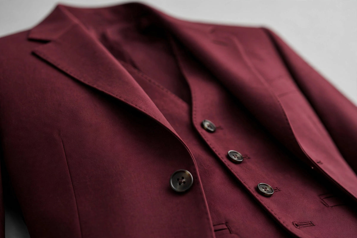 Burgundy men's three-piece suit — fabric detail close-up