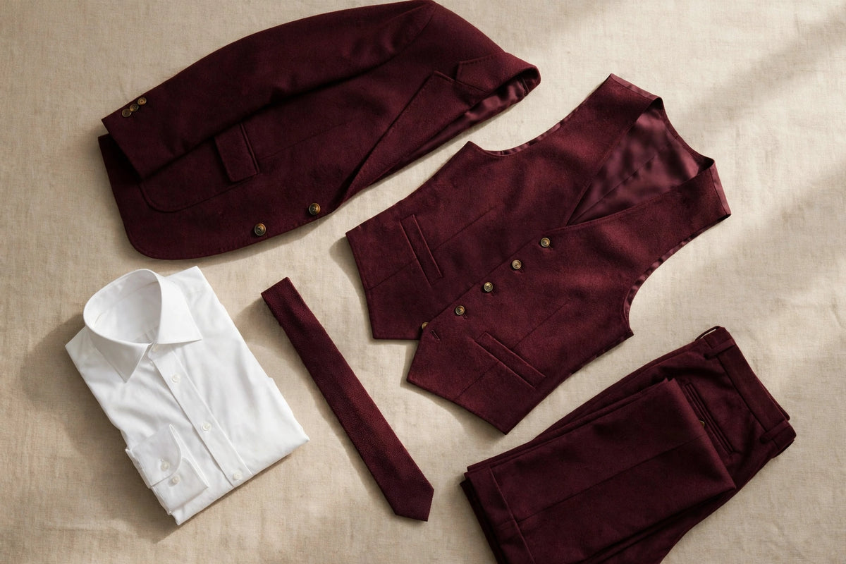 Burgundy men's three-piece suit — full set flat lay