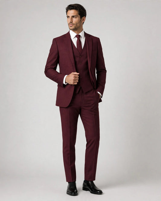 Burgundy men's three-piece suit — model front view