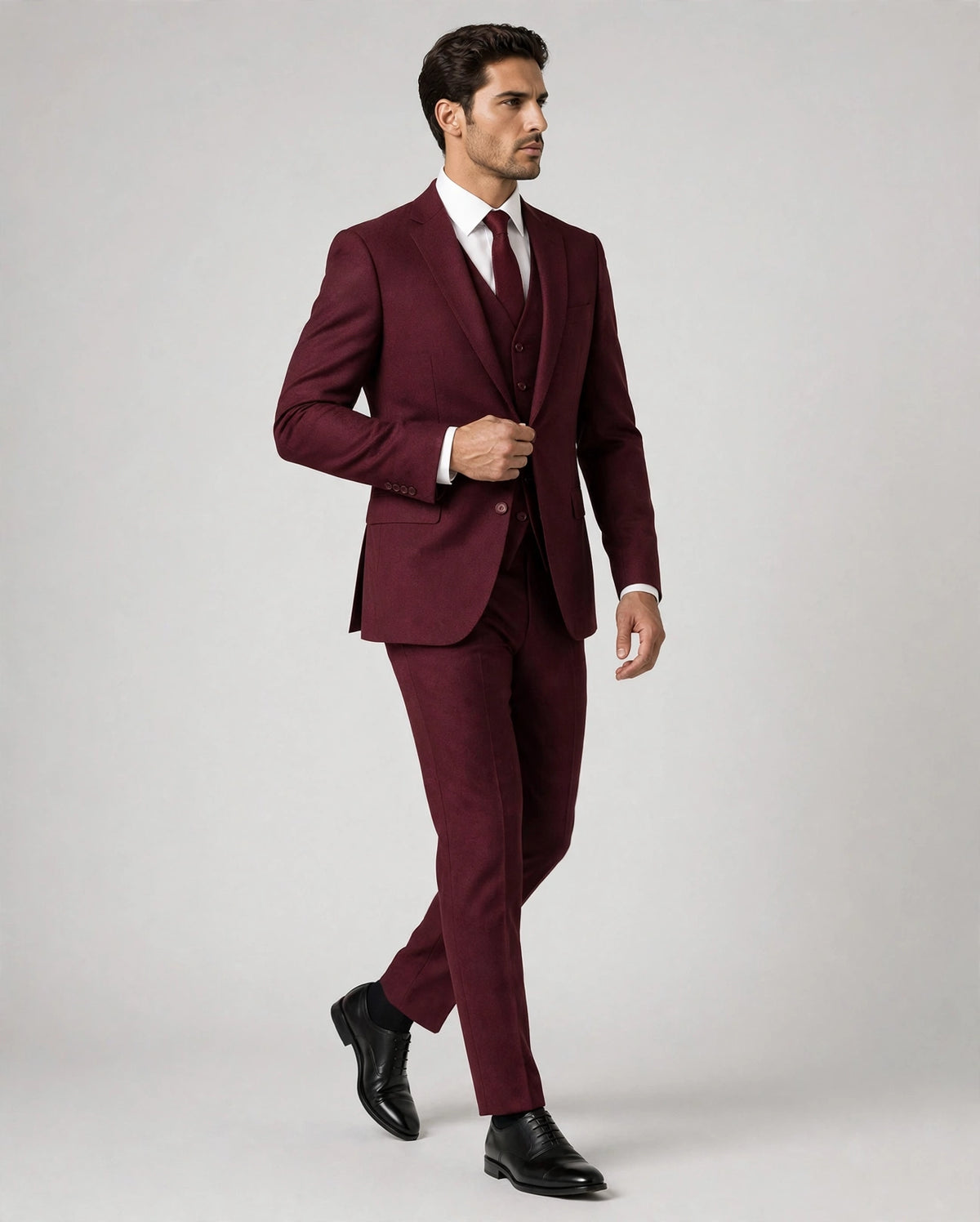 Burgundy men's three-piece suit — model alternate view