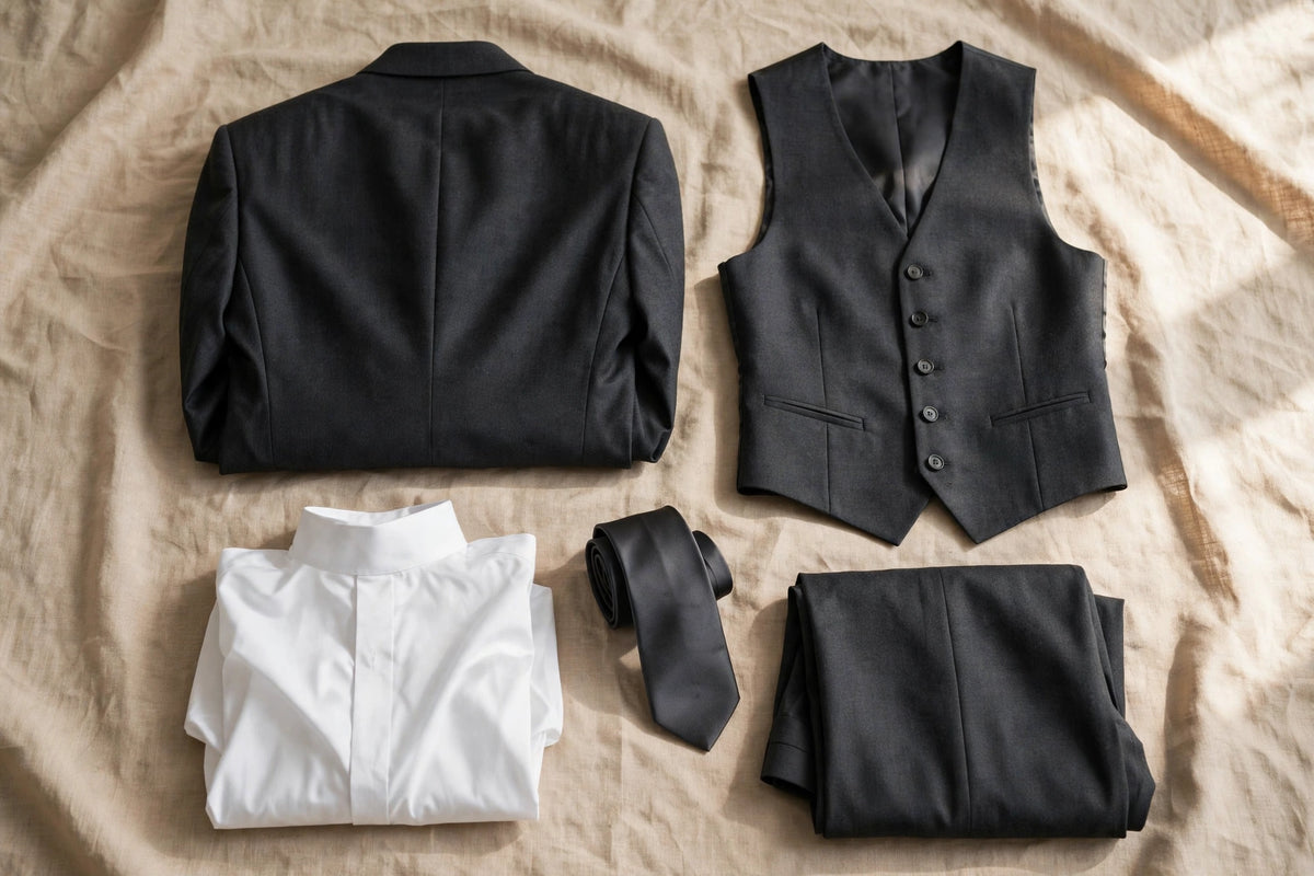 Charcoal Grey men's three-piece suit — full set flat lay