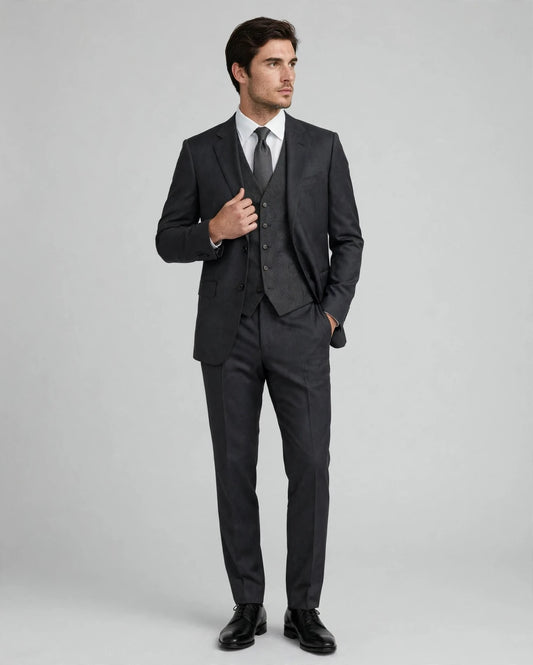 Charcoal Grey men's three-piece suit — model front view