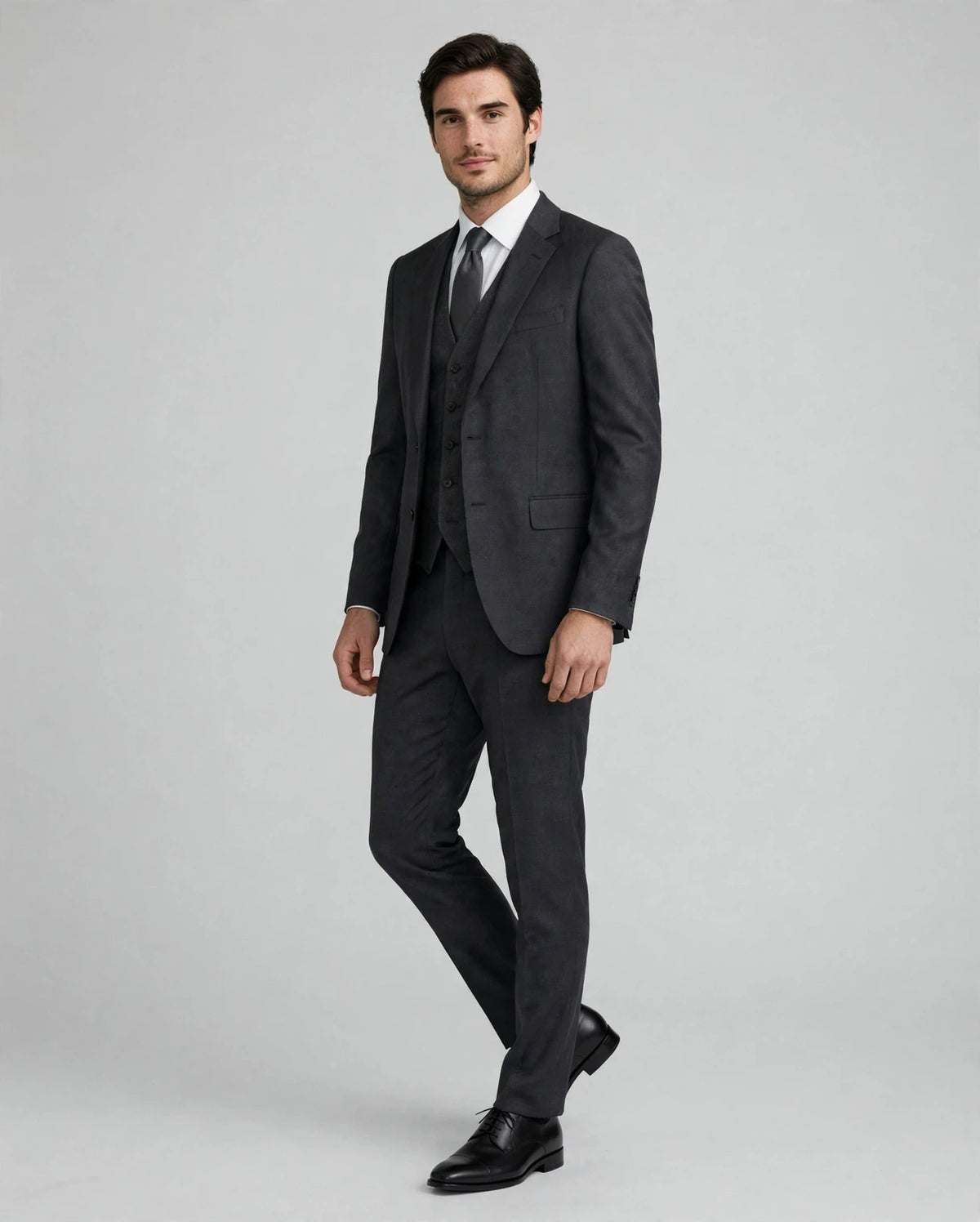 Charcoal Grey men's three-piece suit — alternate model pose