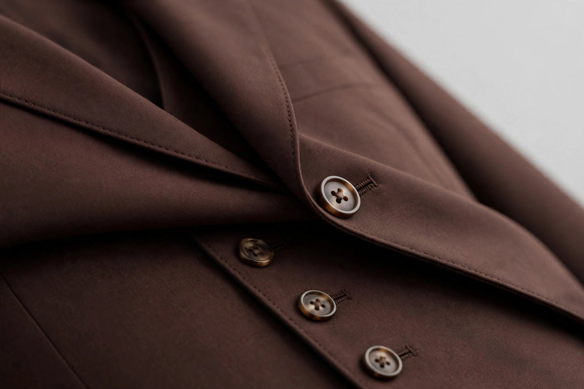Chocolate Brown men's three-piece suit — fabric detail close-up