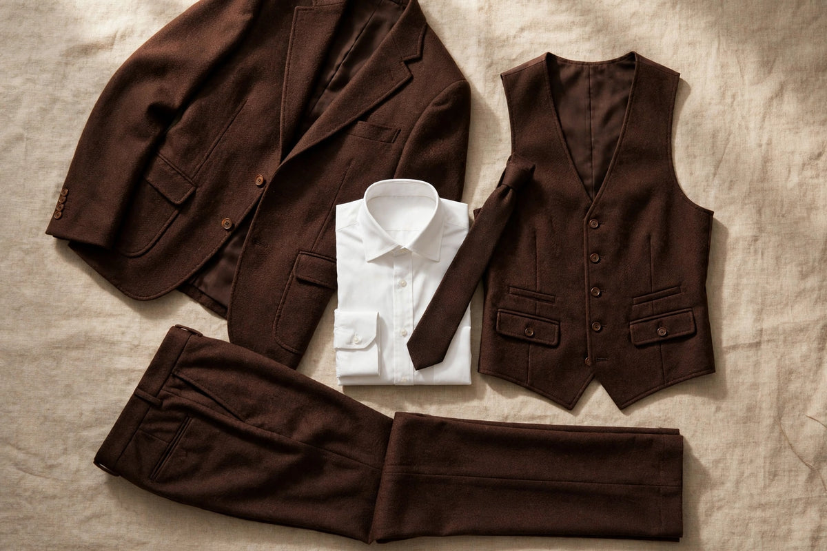 Chocolate Brown men's three-piece suit — full set flat lay