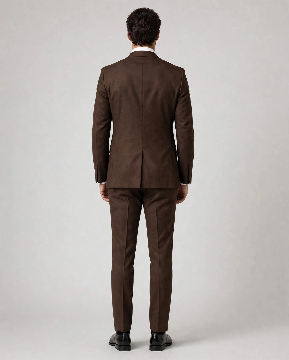Chocolate Brown men's three-piece suit — back view on model