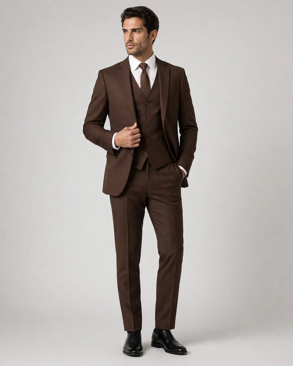Chocolate Brown men's three-piece suit — model front view