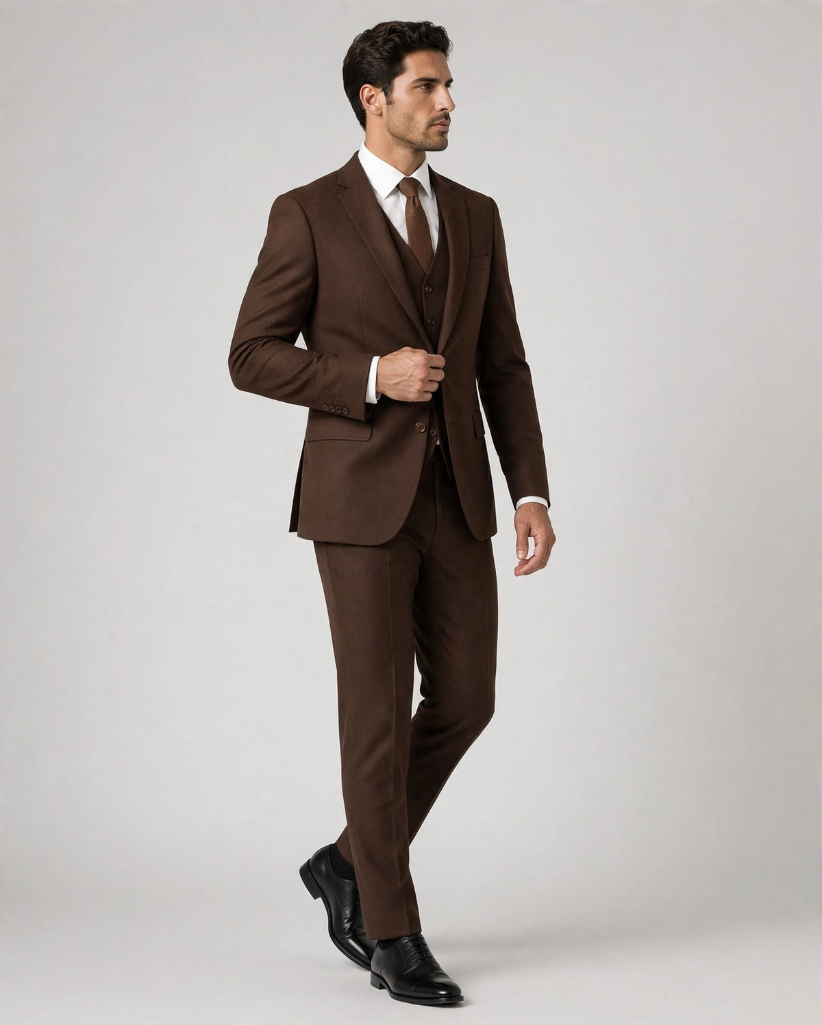 Chocolate Brown men's three-piece suit — model alternate view