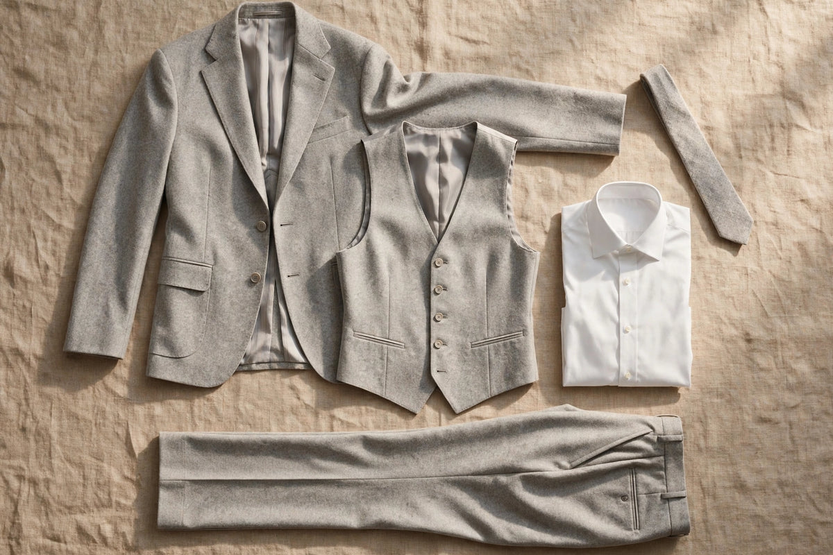 Light Grey men's three-piece suit — full set flat lay