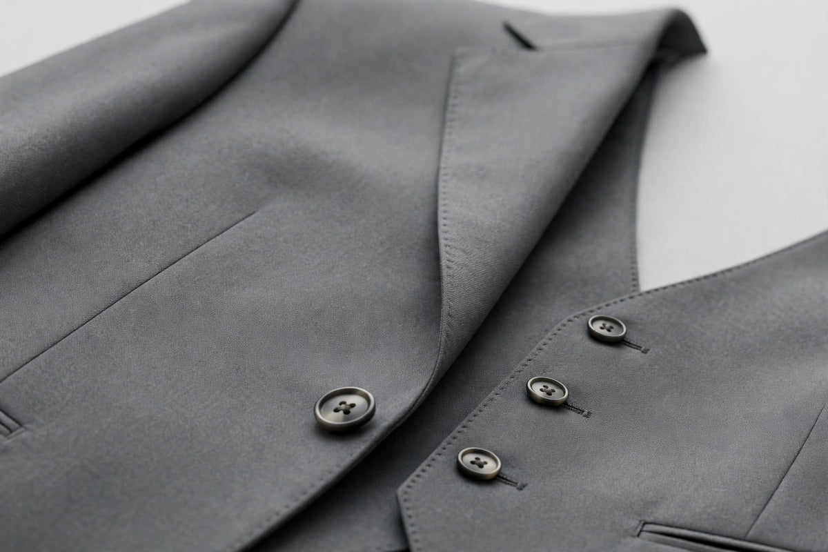 Medium Grey men's three-piece suit — fabric detail close-up