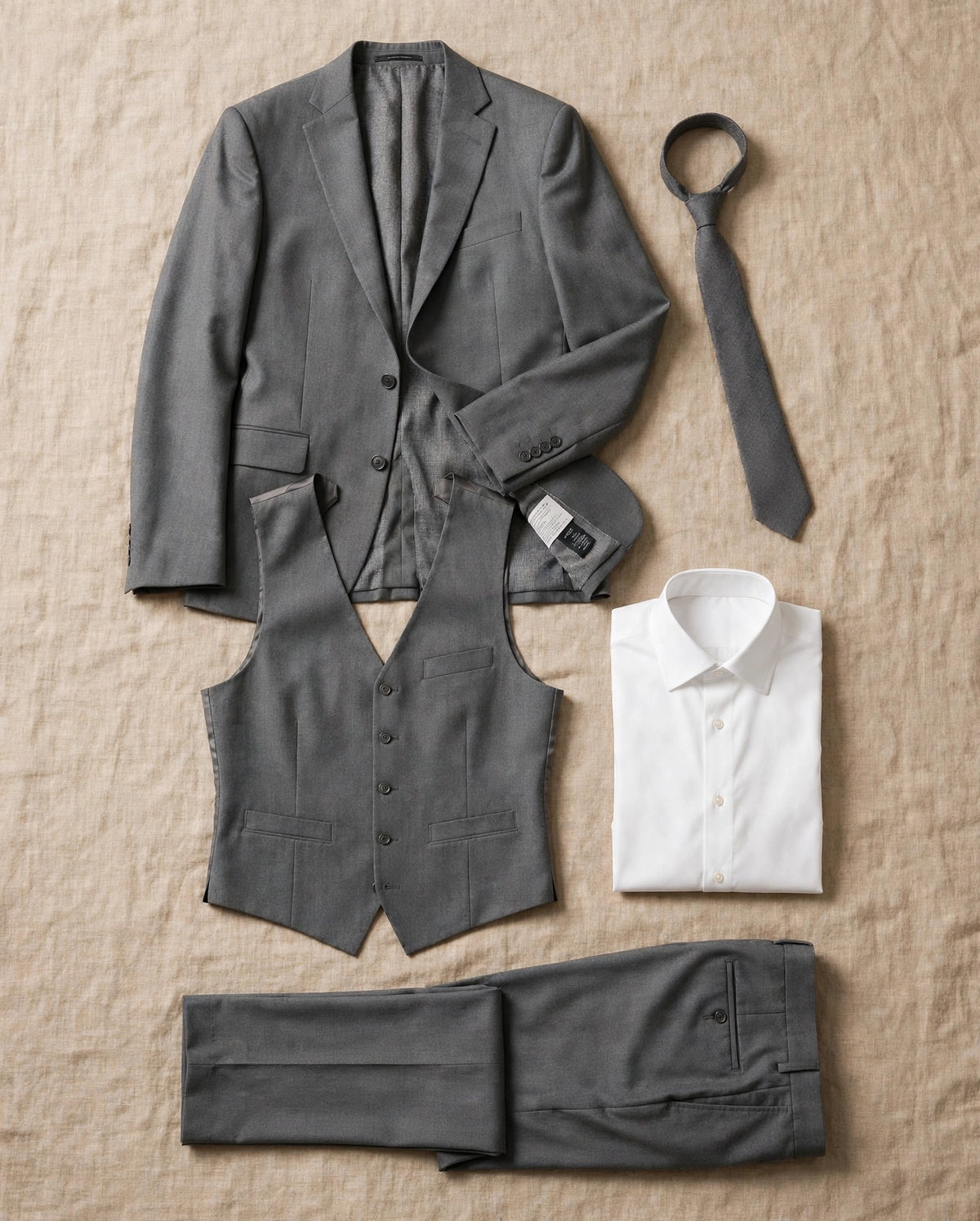 Medium Grey men's three-piece suit — full set flat lay