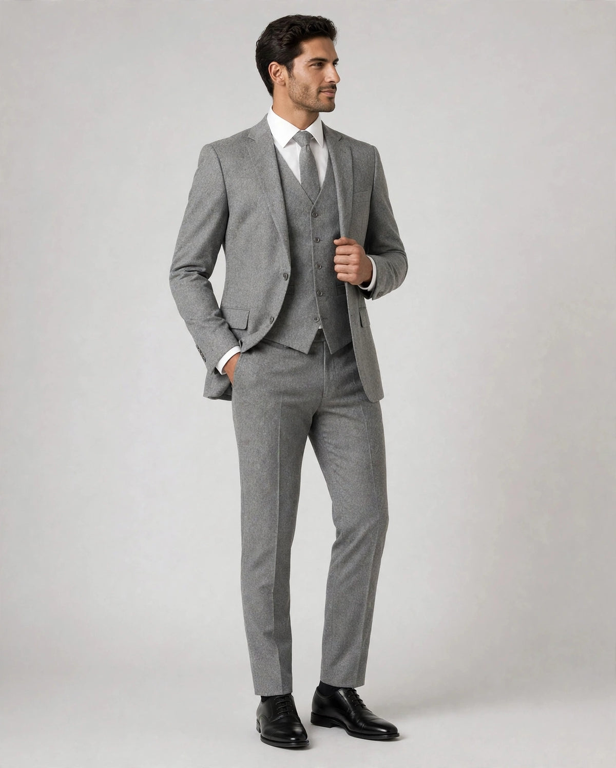 Medium Grey men's three-piece suit — model front view
