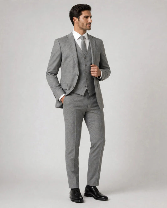 Medium Grey men's three-piece suit — model front view