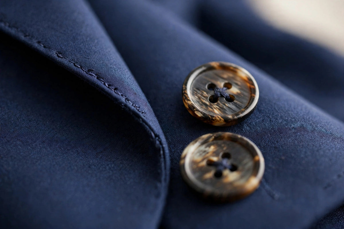 Navy Blue men's three-piece suit — suiting fabric detail