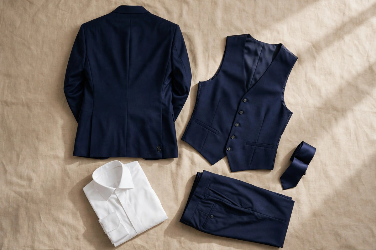 Navy Blue men's three-piece suit — full set flat lay