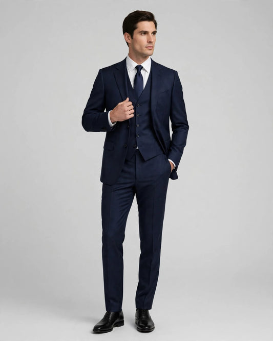 Navy Blue men's three-piece suit — model front view